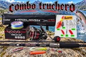 Combo Truchero caña de pescar Kaida Holigan 2.10m carbono ríos + Deukio 4000 kit completo