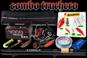Combo Truchero caña de pescar Shimano Stimula 2.10m carbono ríos + Deukio 4000 kit completo