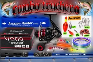 Combo Truchero caña de pescar MGX Amazon Hunter 1.98m carbono ríos + Deukio 4000 kit completo