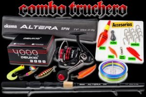 Combo Truchero Laguna caña de pescar Okuma Altera 2.28m carbono + Deukio 4000 kit completo