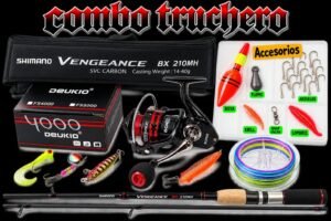 Combo Truchero caña de pescar Shimano VENGEANCE 2.10m carbono ríos + Deukio 4000 kit completo