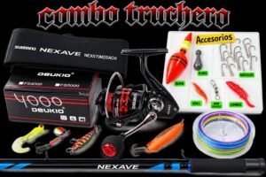 Combo Truchero caña de pescar Shimano NEXAVE 2.10m carbono ríos + Deukio 4000 kit completo