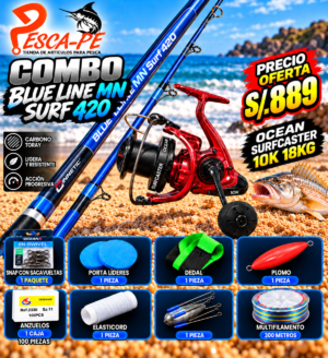 Combo caña de pescar Cinnetic Blue Line 4.20m + Ocean SurfCaster 10k 18kg con accesorios