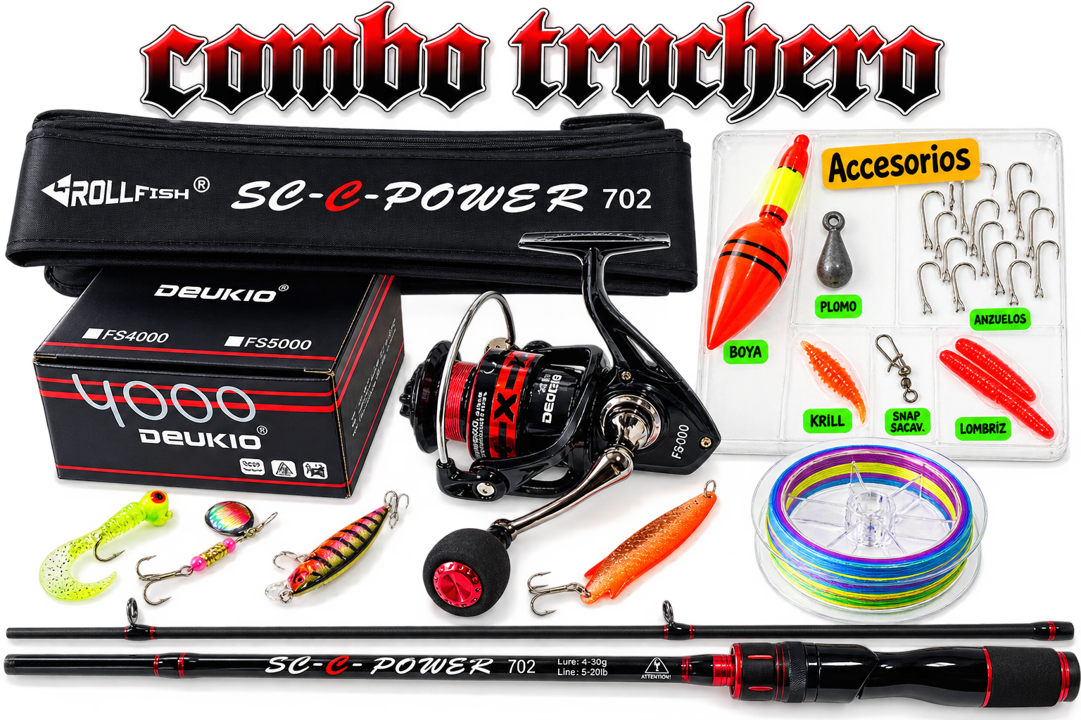 Combo Truchero caña de pescar Roller Fish 2.10m + Deukio 4000 kit completo