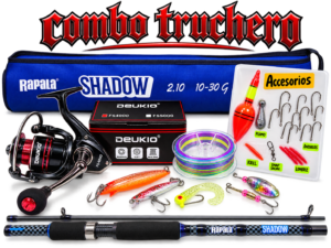 Combo Truchero caña de pescar Rapala Shadow 2.10m + Deukio 4000 kit completo