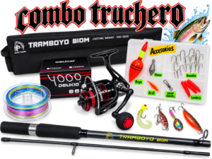 Combo Truchero caña de pescar Atlantic Fishing 2.10m Híbrido + Deukio 4000 kit completo