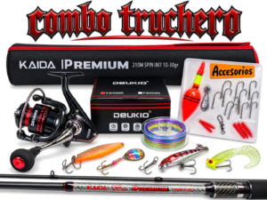 Combo Truchero caña de pescar Kaida premium 2.10m carbono + Deukio 4000 kit completo