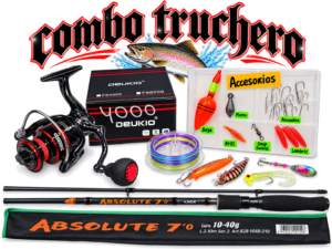 Combo Truchero caña de pescar KAIDA ABSOLUTE 2.10m CARBONO + Deukio 4000 kit completo