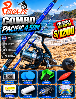 Combo Caña Ocean Pacific 4.50m Surfcasting Carbono + Carrete Ocean Marine 10K + accesorios