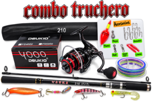 Combo Truchero caña de pescar 2.10m + Deukio 4000 kit completo