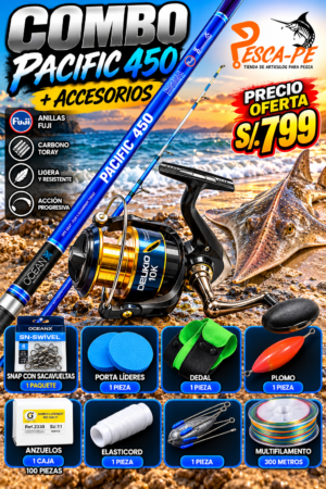 Combo Caña Ocean Pacific 4.50m Surfcasting Carbono + Carrete Deukio 10000 + accesorios