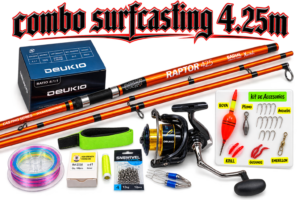 combo surfcasting ocean raptor 4.25m + carrete deukio 10000 con accesorios