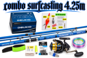 caña de pescar surfcasting combo Ocean 4.25m carrete Deukio 1000 con accesorios