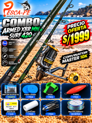 Combo caña cinnetic Armed XBR 4.20m + Corvinator Master 10k 20kg kit completo
