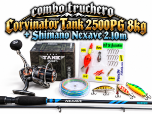COMBO CAÑA TRUCHERO CORVINATOR TANK 2500 8KG + CAÑA SHIMANO NEXAVE 2.10M CON ACCESORIOS
