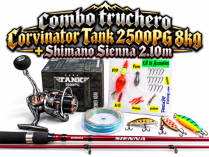Combo Caña Truchero Corvinator Tank 2500 8kg  + Caña Shimano Sienna 2.10m con accesorios