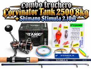 COMBO CAÑA TRUCHERO CORVINATOR TANK 2500 8KG + CAÑA SHIMANO STIMULA 2.10M CON ACCESORIOS