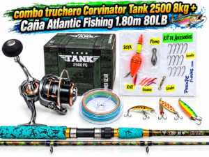 COMBO CAÑA RÍOS SELVA CORVINATOR TANK 2500 8KG + CAÑA ATLANTIC FISHING 1.80M CON ACCESORIOS