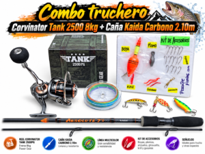 COMBO CAÑA TRUCHERO CORVINATOR TANK 2500 8KG + CAÑA KAIDA 2.10M CARBONO CON ACCESORIOS