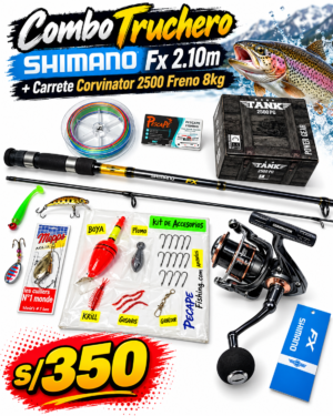 Combo Caña Shimano Fx 2.10m Aeroglass +  Carrete Corvinator 2500 8kg + Accesorios