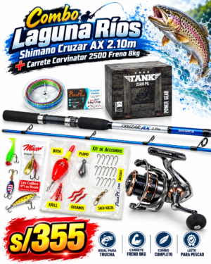 COMBO CAÑA SHIMANO CRUZAR AX 2.10m+ CARRETE CORVINATOR TANK 2500 8KG + ACCESORIOS