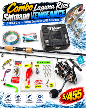 COMBO CAÑA SHIMANO VENGEANCE 2.10M 3-21gr CARBONO + CARRETE CORVINATOR TANK 2500 8KG + ACCESORIOS