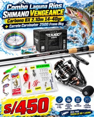 COMBO CAÑA SHIMANO VENGEANCE 2.10M CARBONO 14-40gr + CARRETE CORVINATOR TANK 2500 8KG + ACCESORIOS