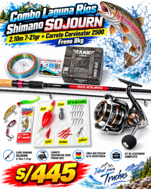 Combo Caña Shimano Sojourn 2.10m + Carrete Corvinator 2500 Tank 8kg + Accesorios