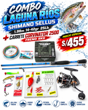 Combo Caña Shimano Sellus 1.98m 14-40gr + Carrete Corvinator 2500 Tank 8kg + Accesorios
