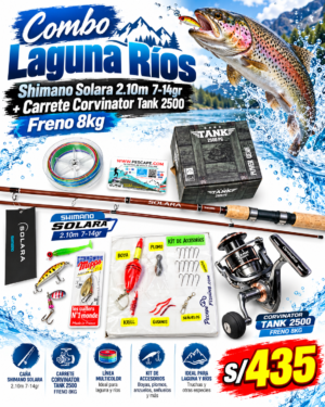 Combo Caña Shimano Solara 2.10m 7-14gr + Carrete Corvinator 2500 Tank 8kg + Accesorios