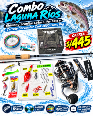 Combo Caña Shimano Scimitar 2.10m 5-17gr + Carrete Corvinator 2500 Tank 8kg + Accesorios