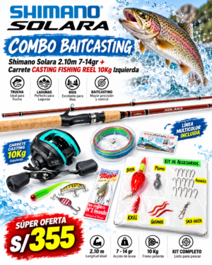 Combo Caña Shimano Solara BaitCasting 2.10m 7-14gr + Carrete Corvinator 2500 Tank 8kg + Accesorios