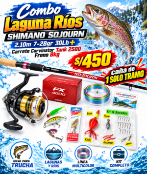 Combo Caña Shimano Sojourn 1 Tramo 2.10m 7-28gr + Carrete Corvinator 2500 Tank 8kg + Accesorios
